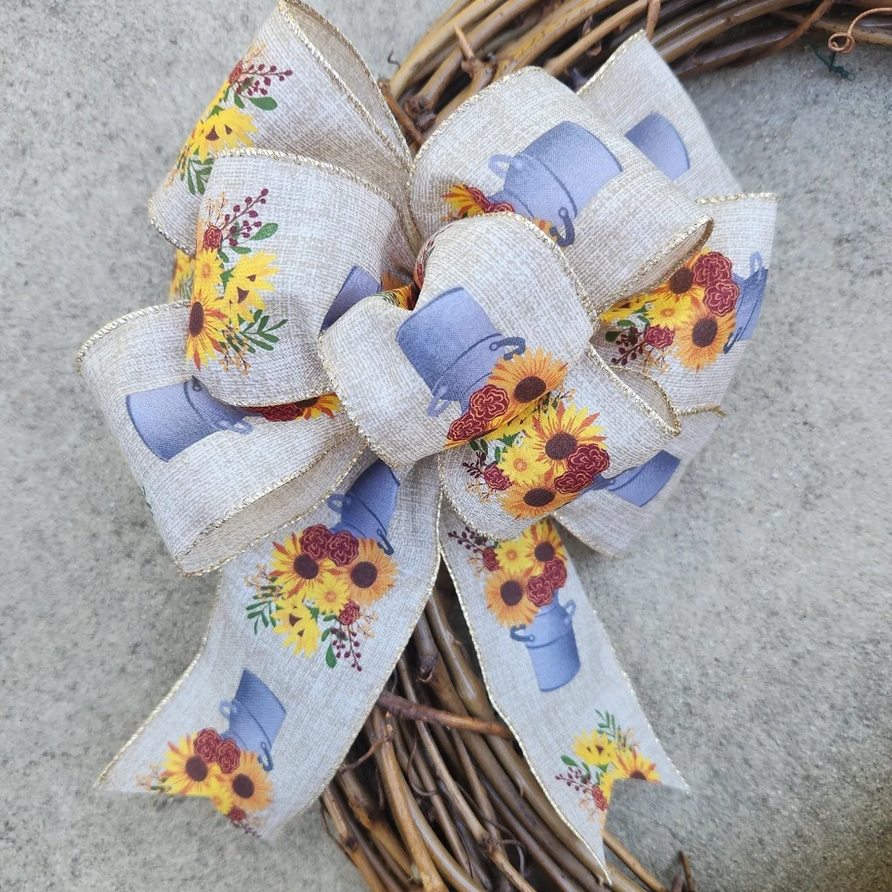 Handmade Autumn Grapevine Wreath with Sunflowers and Pumpkin